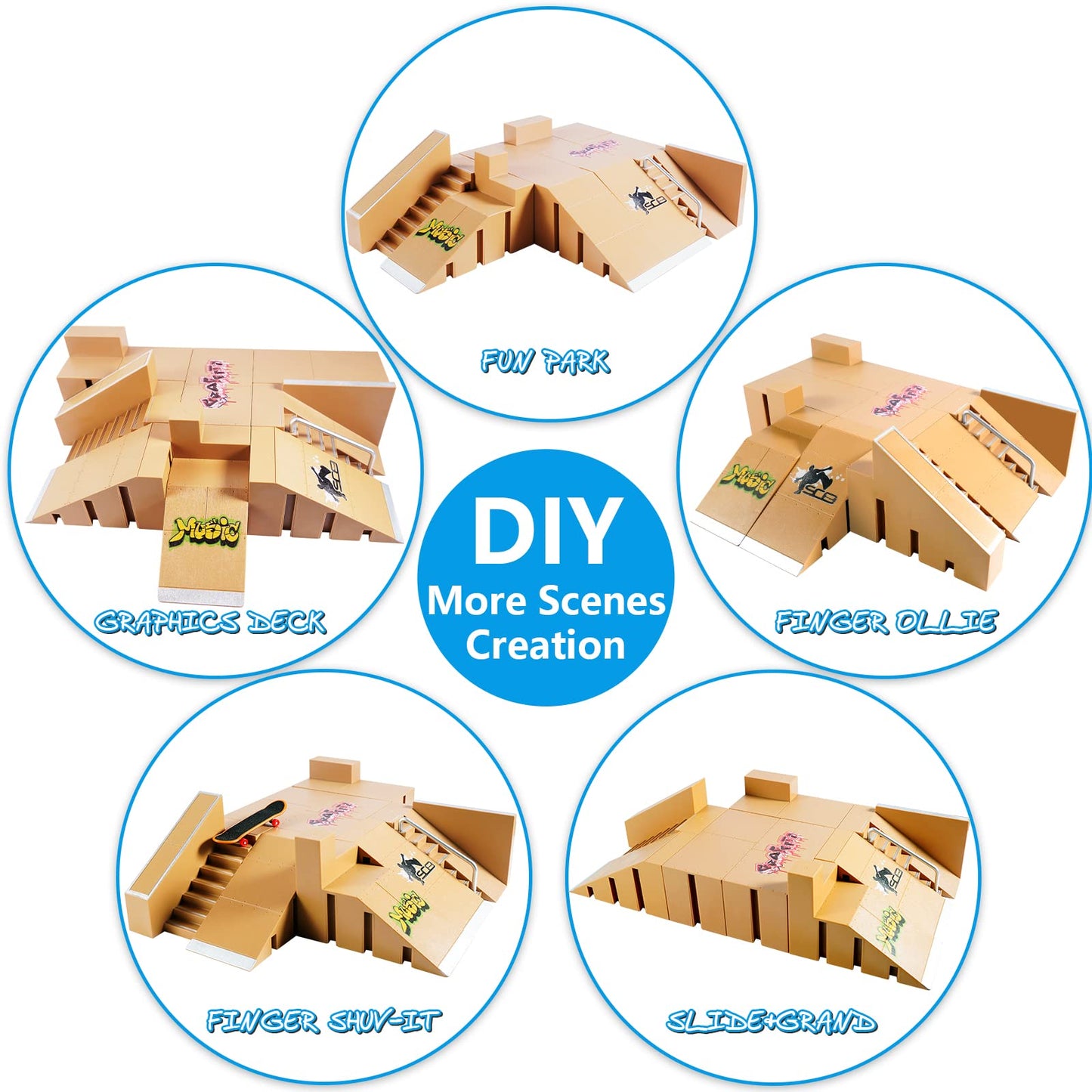Hailey&Elijah Fingerboard Skate Park Kit – 3 Mini Boards, 8 Ramps, Gift for Kids