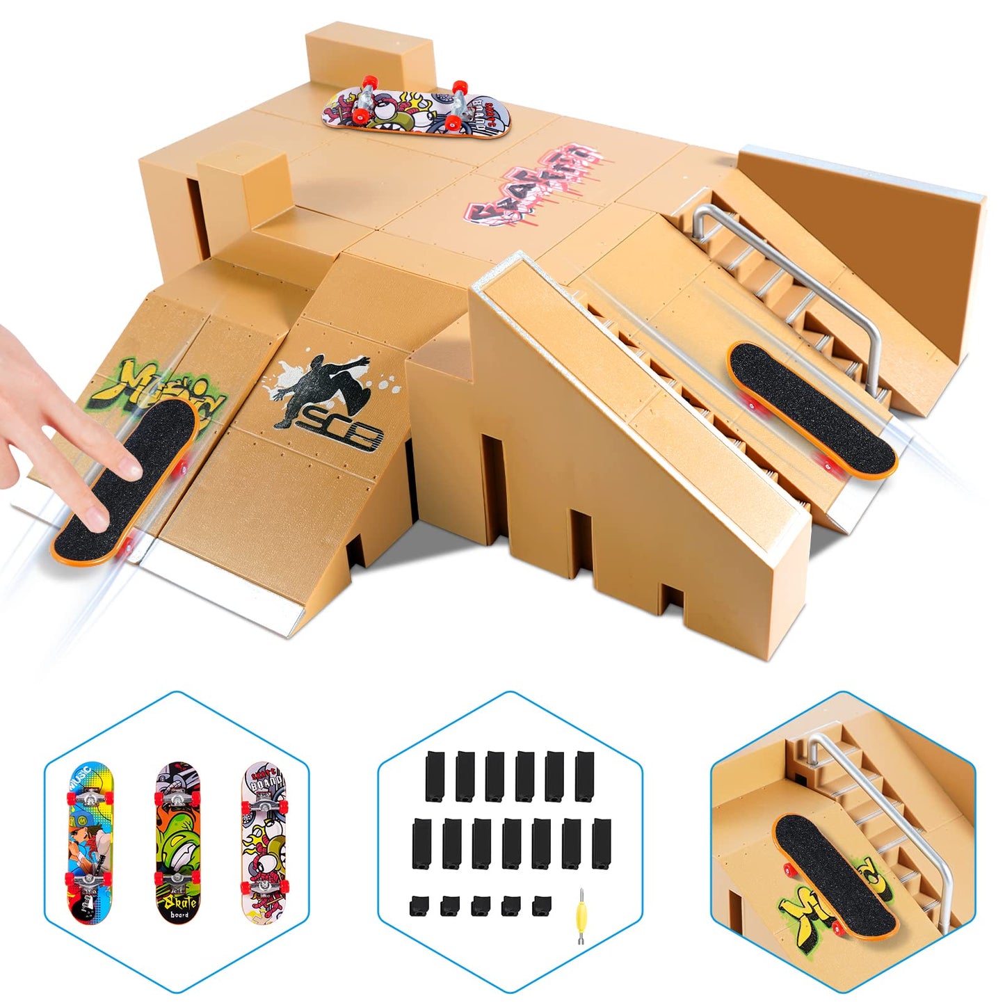 Hailey&Elijah Fingerboard Skate Park Kit – 3 Mini Boards, 8 Ramps, Gift for Kids