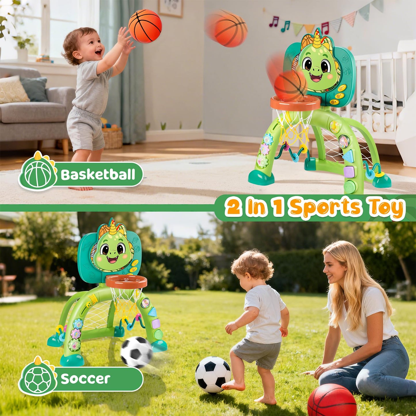 HAIMST 2-in-1 Dinosaur Sports Toy: Toddler Basketball Hoop & Soccer Goal with Lights
