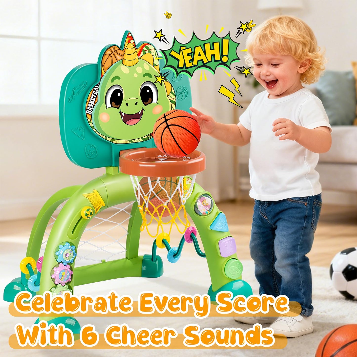HAIMST 2-in-1 Dinosaur Sports Toy: Toddler Basketball Hoop & Soccer Goal with Lights