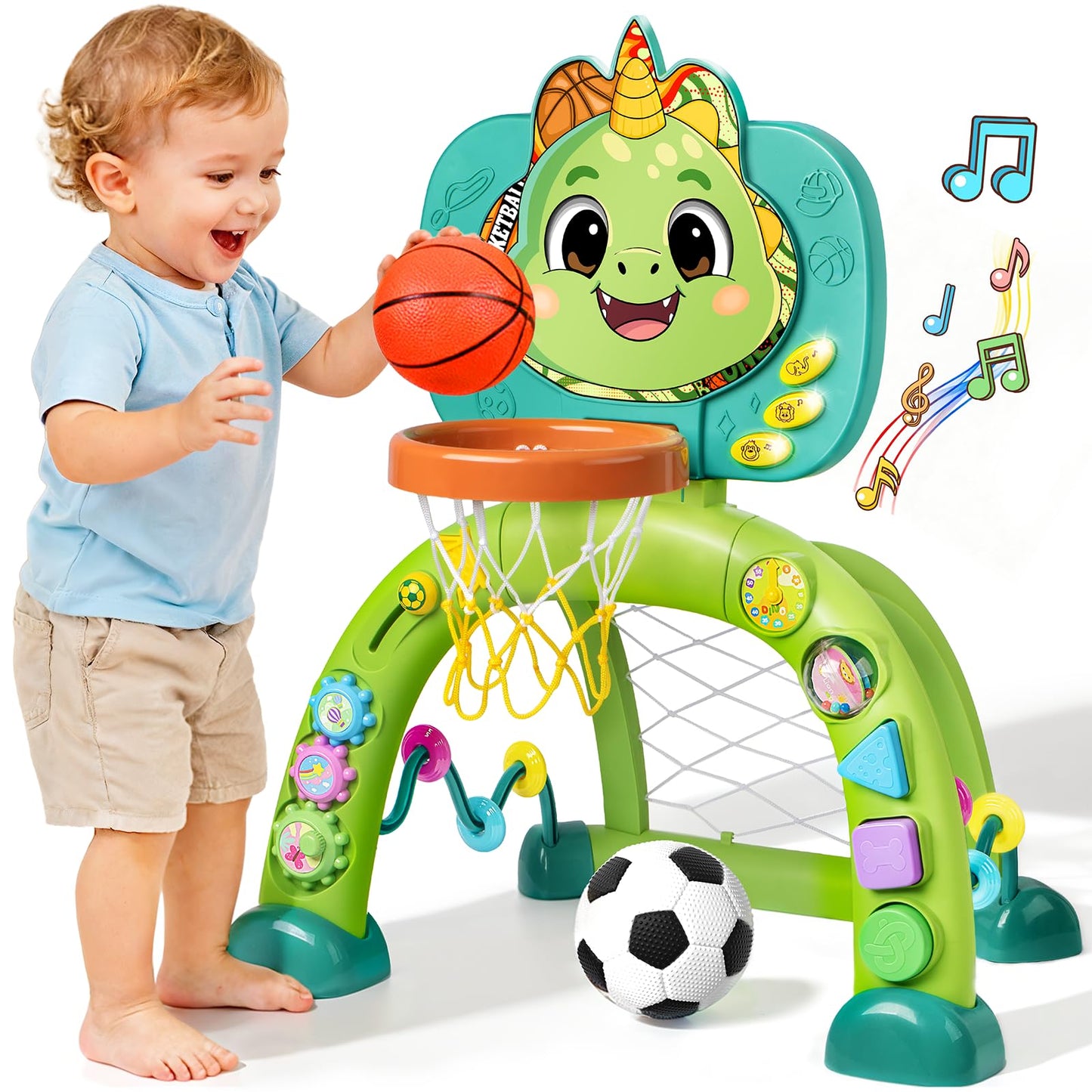 HAIMST 2-in-1 Dinosaur Sports Toy: Toddler Basketball Hoop & Soccer Goal with Lights