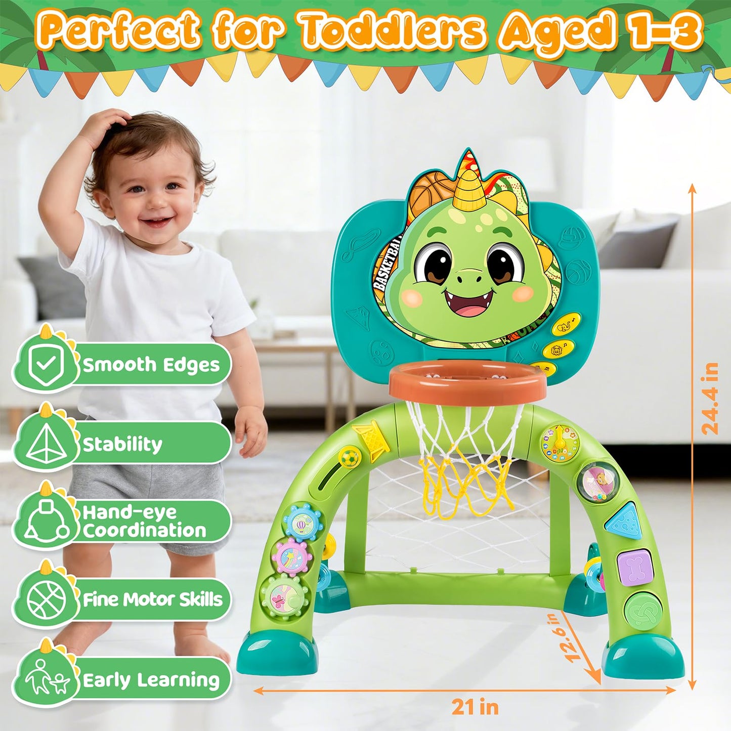 HAIMST 2-in-1 Dinosaur Sports Toy: Toddler Basketball Hoop & Soccer Goal with Lights