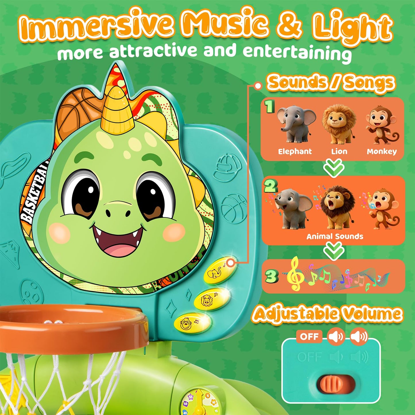 HAIMST 2-in-1 Dinosaur Sports Toy: Toddler Basketball Hoop & Soccer Goal with Lights