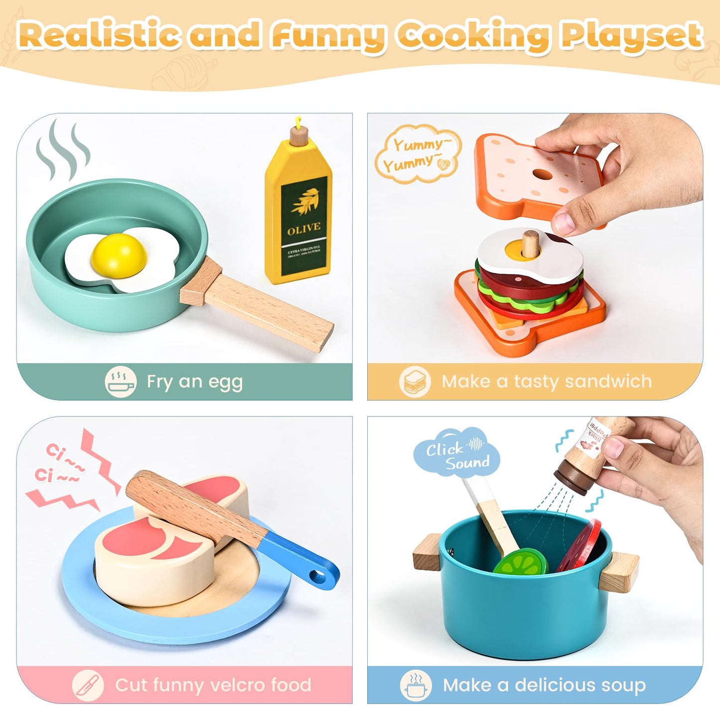 HAIMST 35-Piece Wooden Play Kitchen Accessories for Kids – Pretend Play Set