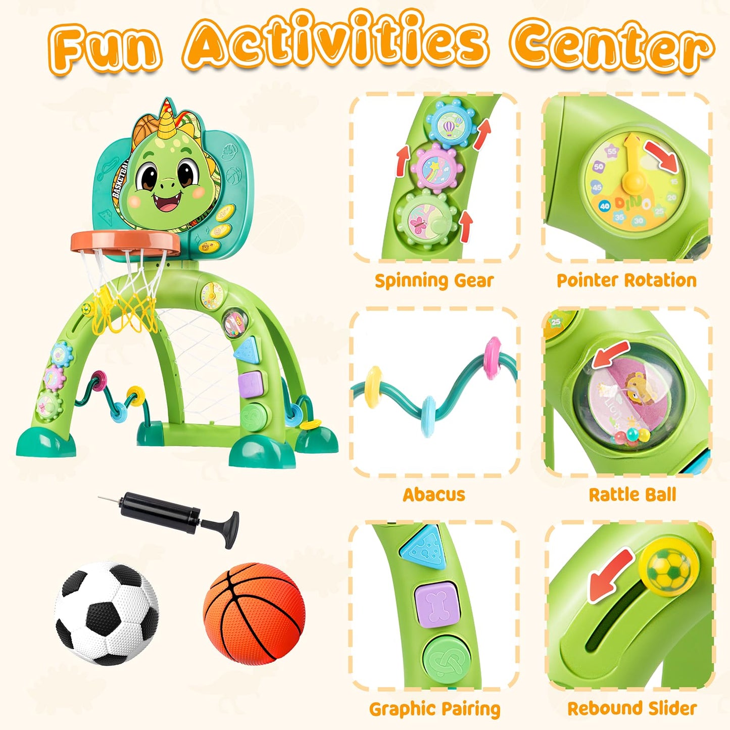 HAIMST 2-in-1 Dinosaur Sports Toy: Toddler Basketball Hoop & Soccer Goal with Lights