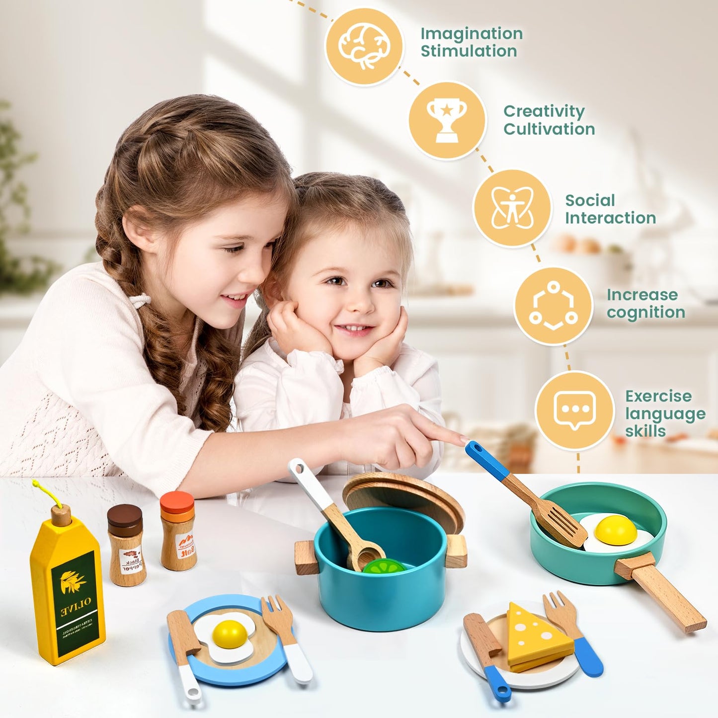HAIMST 35-Piece Wooden Play Kitchen Accessories for Kids – Pretend Play Set