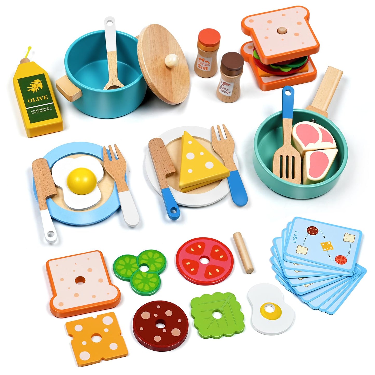 HAIMST 35-Piece Wooden Play Kitchen Accessories for Kids – Pretend Play Set