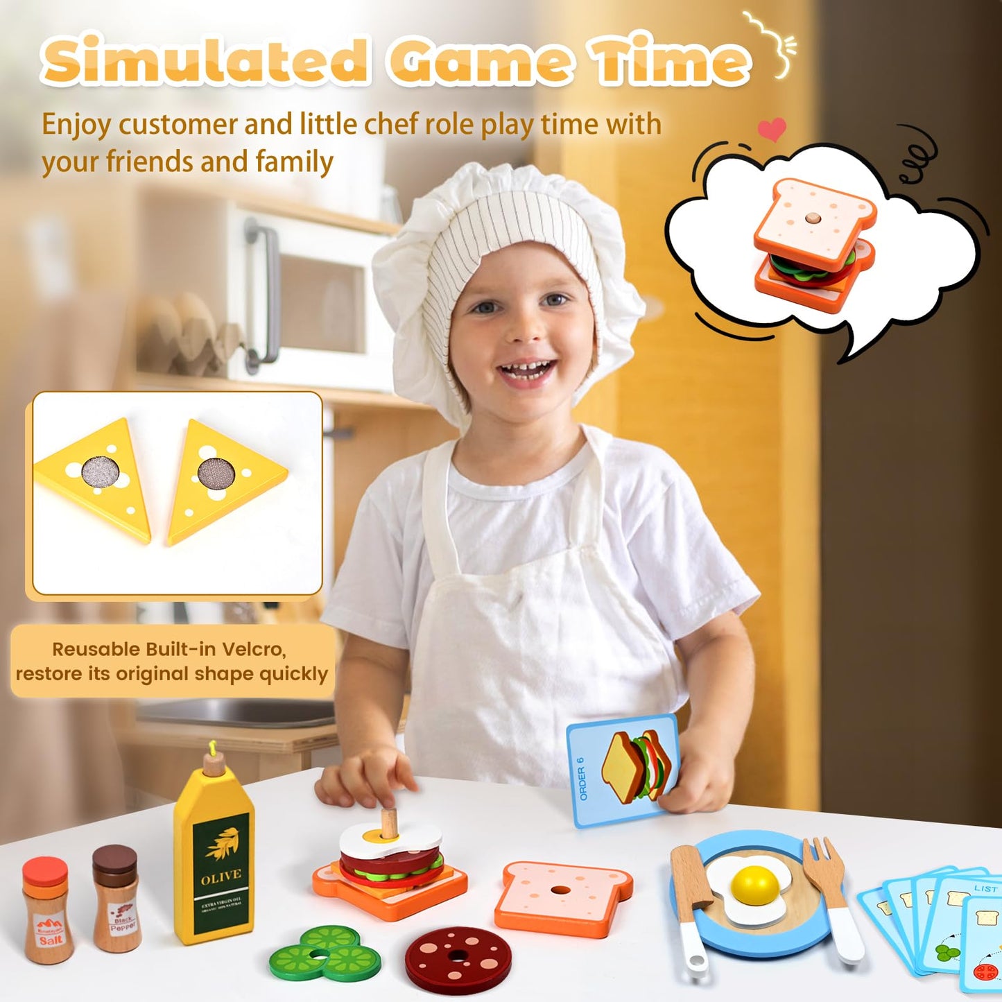 HAIMST 35-Piece Wooden Play Kitchen Accessories for Kids – Pretend Play Set