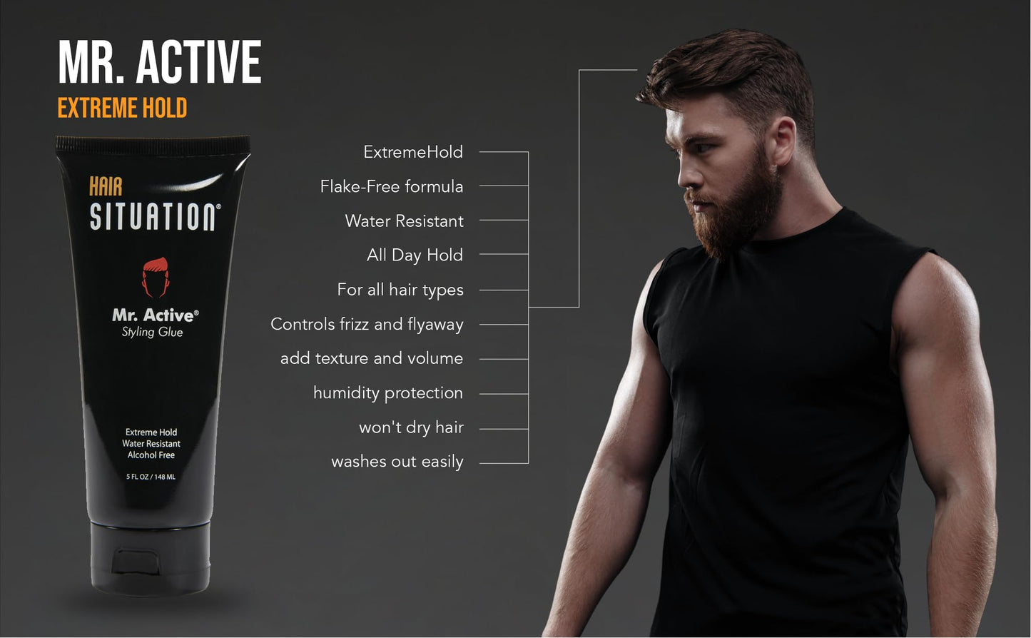 Hair Situation Mr. Active Hair Styling Glue – Strong Hold Gel for Men, Anti-Frizz, Humidity Shield, Alcohol-Free, 3×5oz
