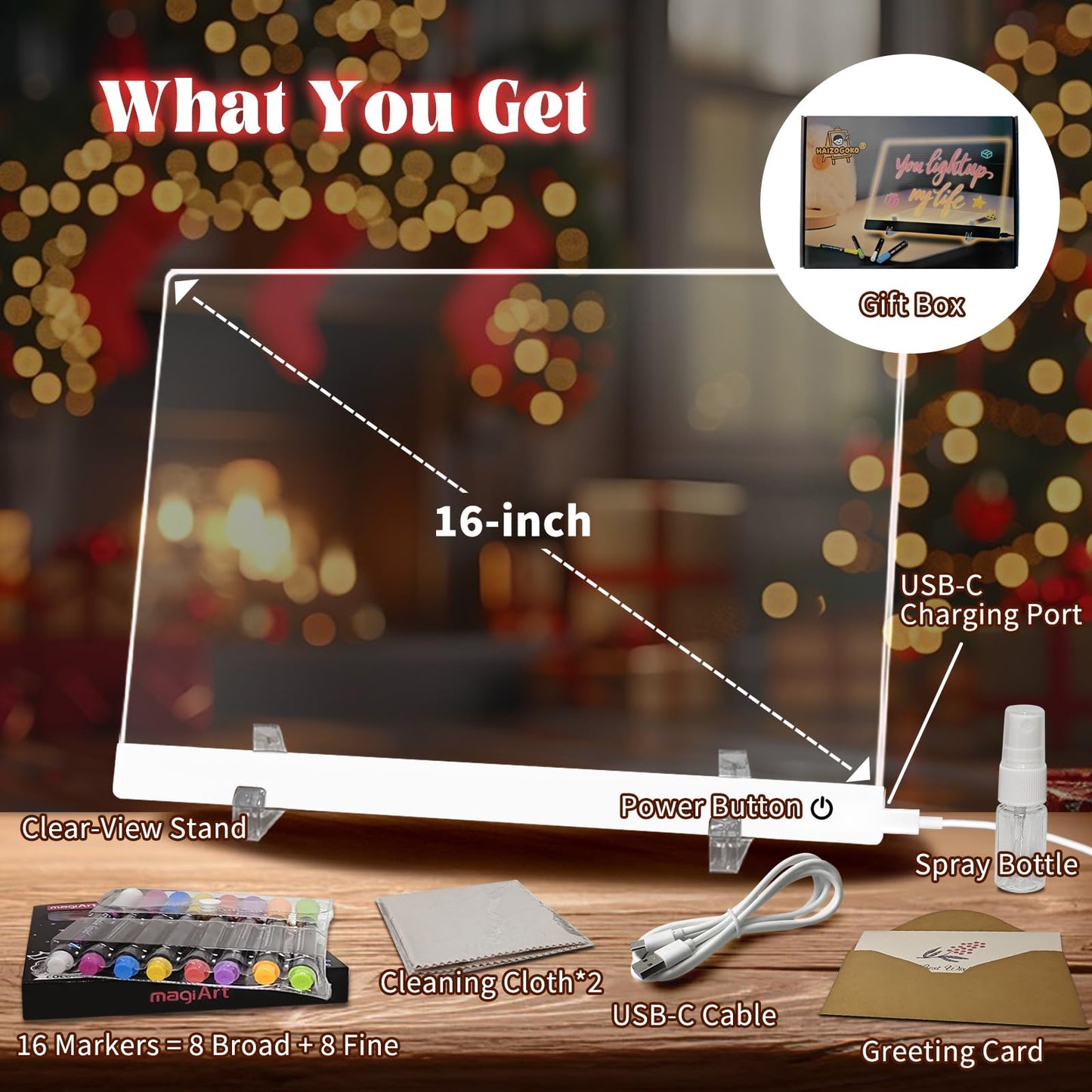 HAIZOGOKO 16-Inch LED Note Board - 7 Colors, 4 Modes, 16 Markers & Greeting Card