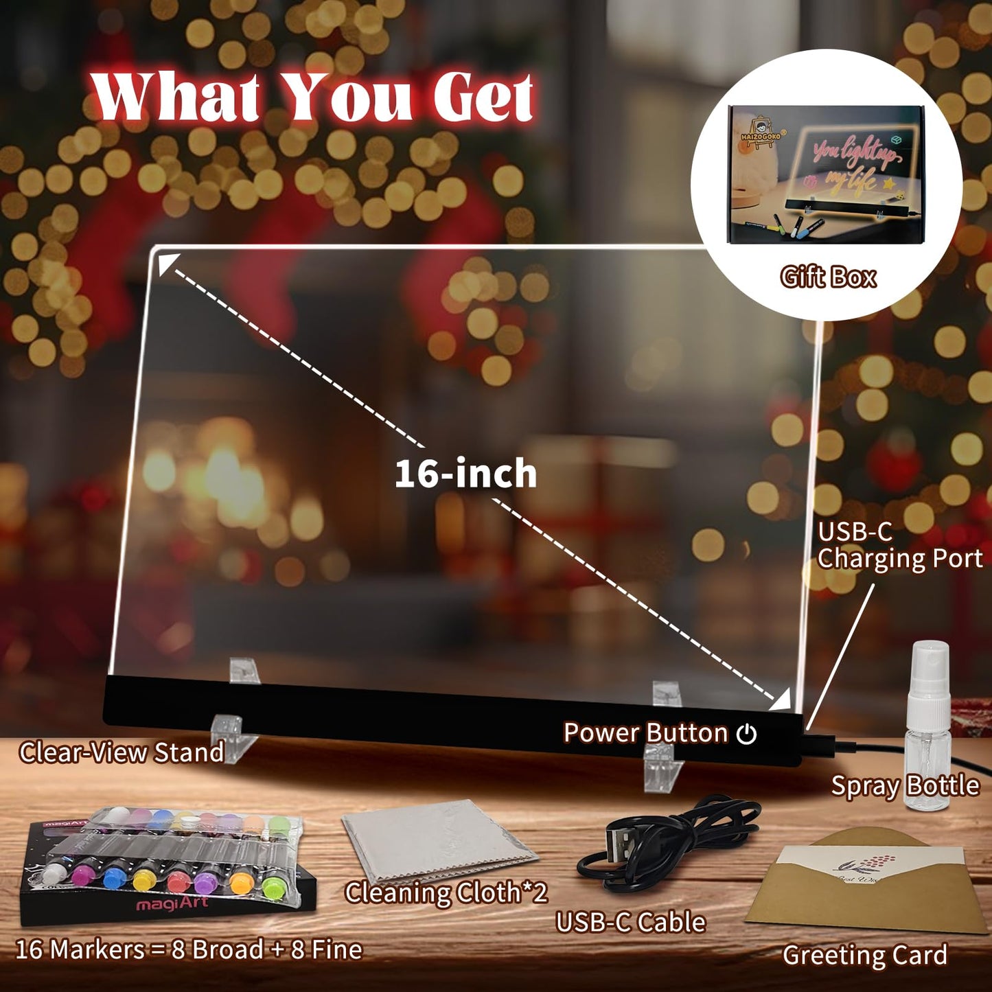 HAIZOGOKO 16-Inch LED Note Board: 7 Colors, 4 Modes, 16 Markers & Greeting Card