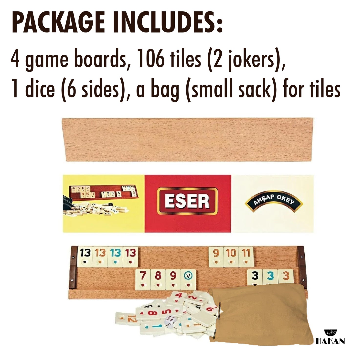 Hakan Turkish Okey Game Set — 4 Players, 106 Melamine Tiles, 4 Wooden Racks