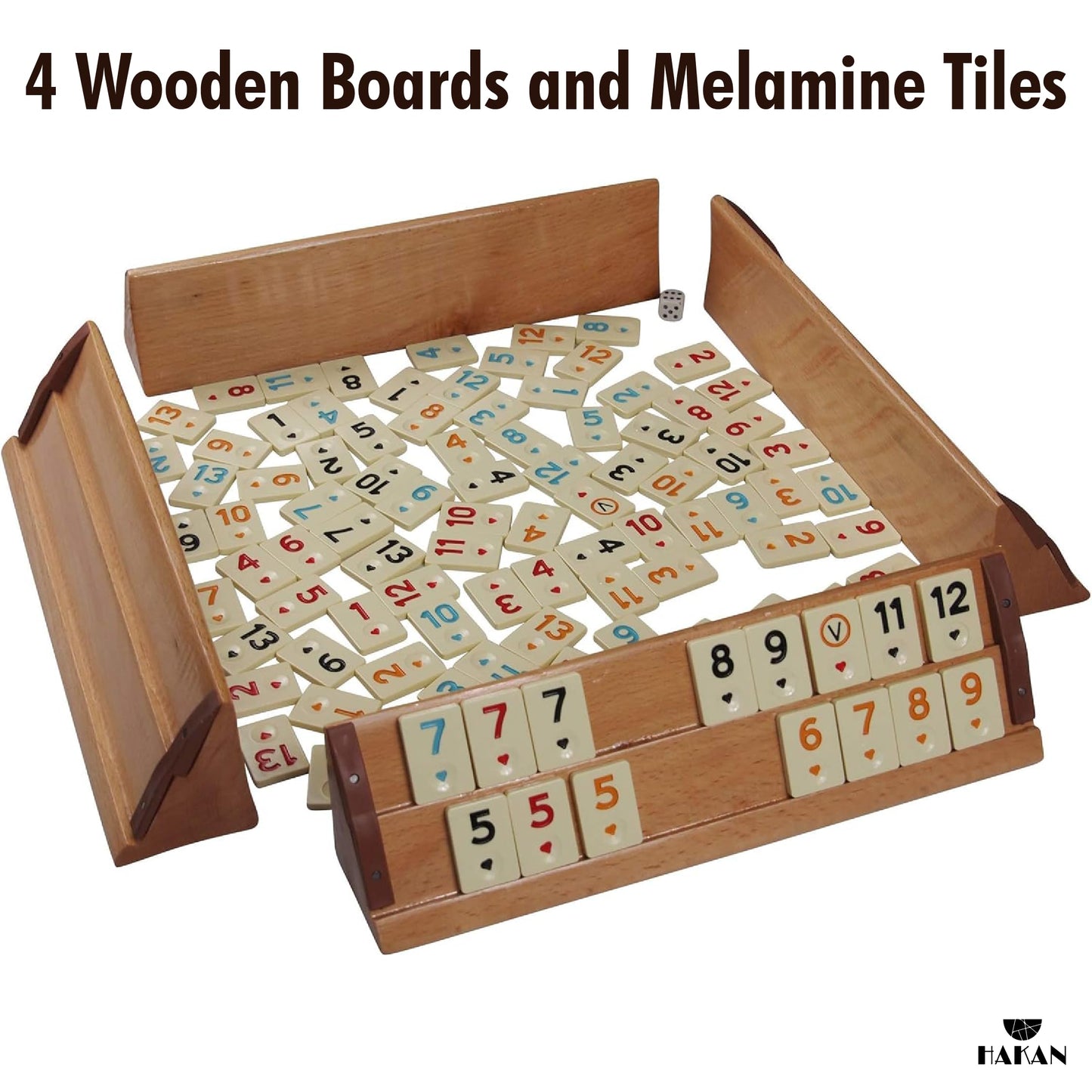 Hakan Turkish Okey Game Set — 4 Players, 106 Melamine Tiles, 4 Wooden Racks