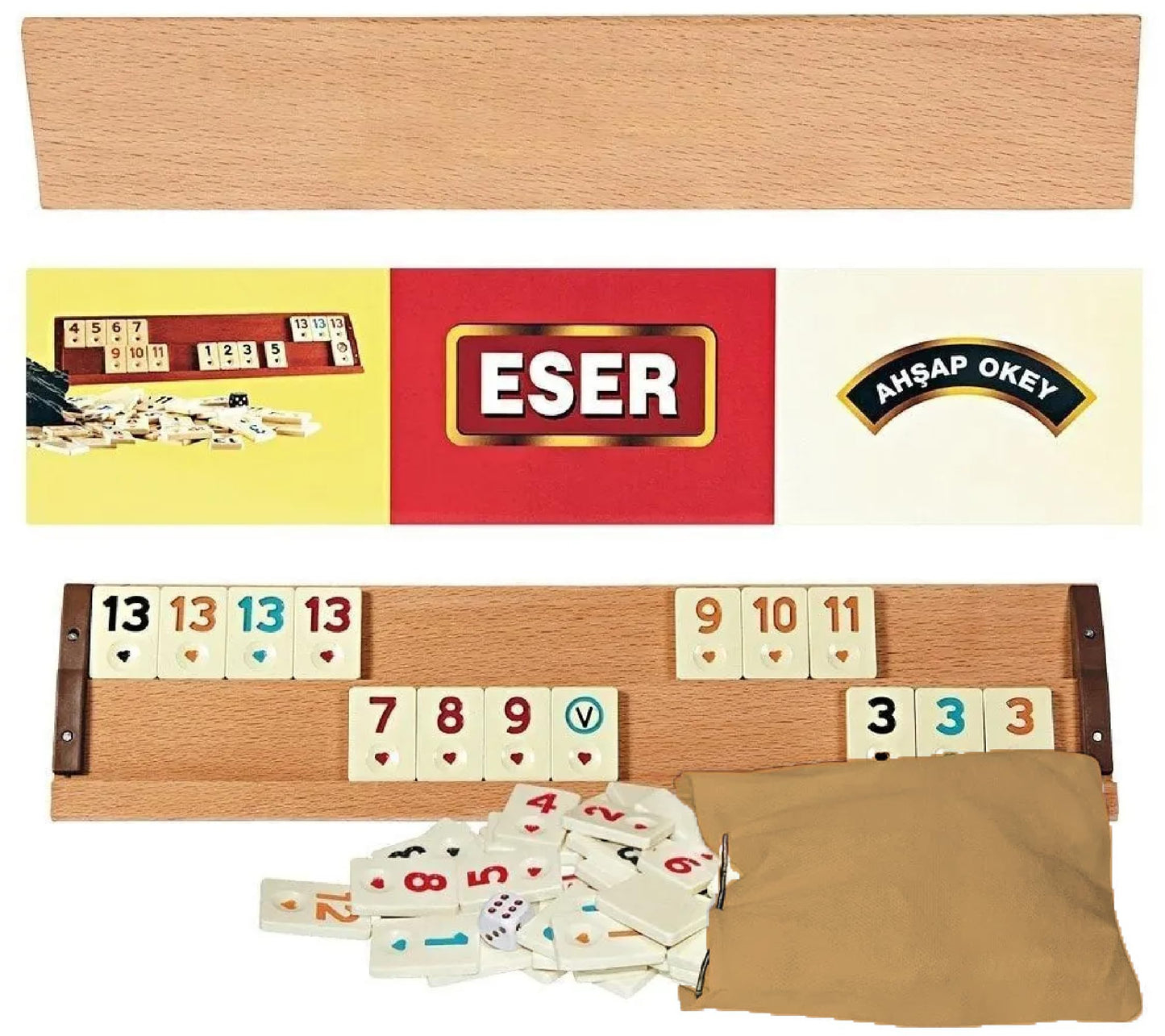 Hakan Turkish Okey Game Set — 4 Players, 106 Melamine Tiles, 4 Wooden Racks