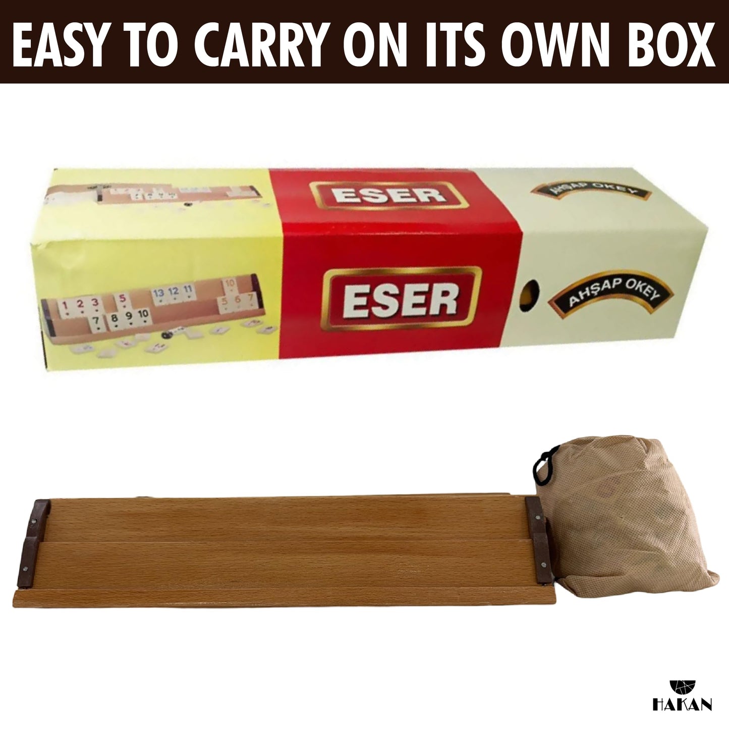 Hakan Turkish Okey Game Set — 4 Players, 106 Melamine Tiles, 4 Wooden Racks