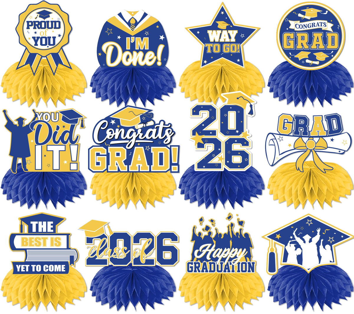 HAKOTI 12Pcs Yellow & Blue Graduation Centerpieces – Class of 2026 | Congrats Grad Table Decor