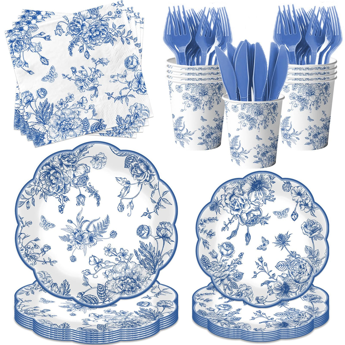 HAKOTI Blue Floral Plates & Napkins Set – Vintage Blue Toile Dinnerware for Weddings