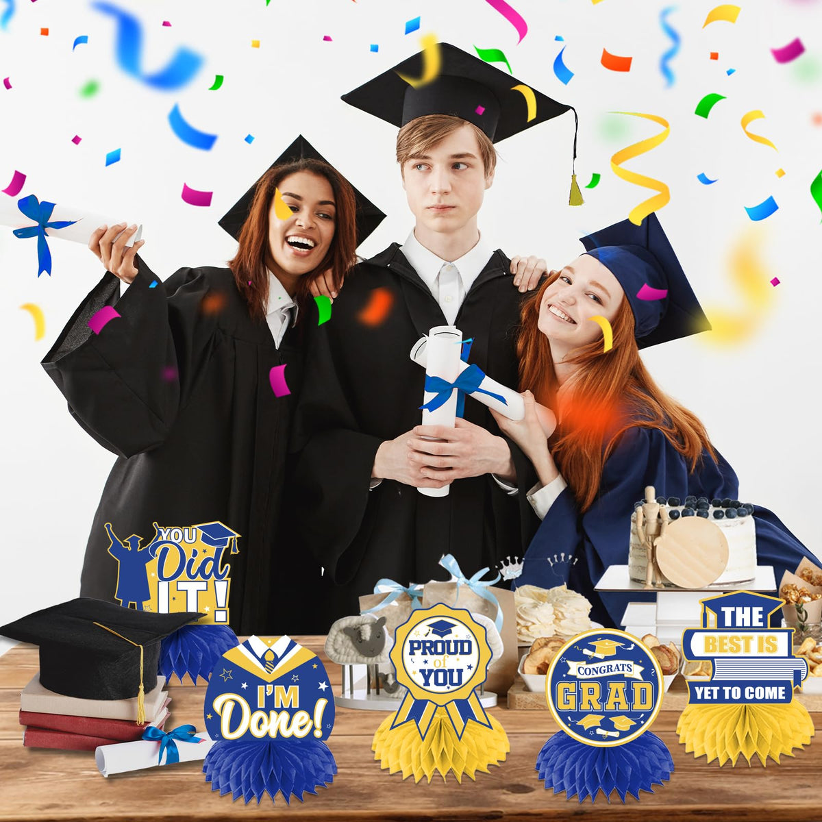 HAKOTI 12Pcs Yellow & Blue Graduation Centerpieces – Class of 2026 | Congrats Grad Table Decor