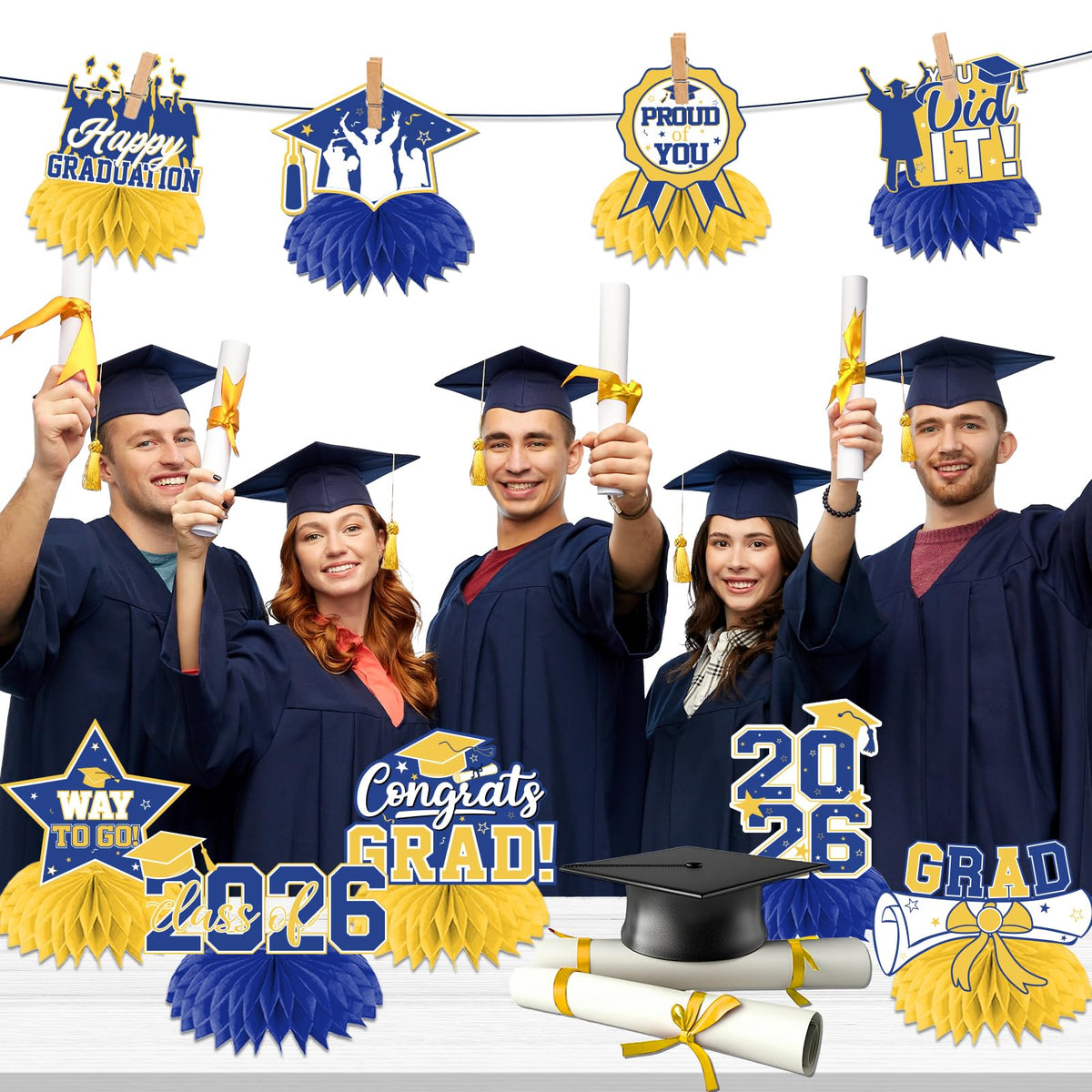 HAKOTI 12Pcs Yellow & Blue Graduation Centerpieces – Class of 2026 | Congrats Grad Table Decor