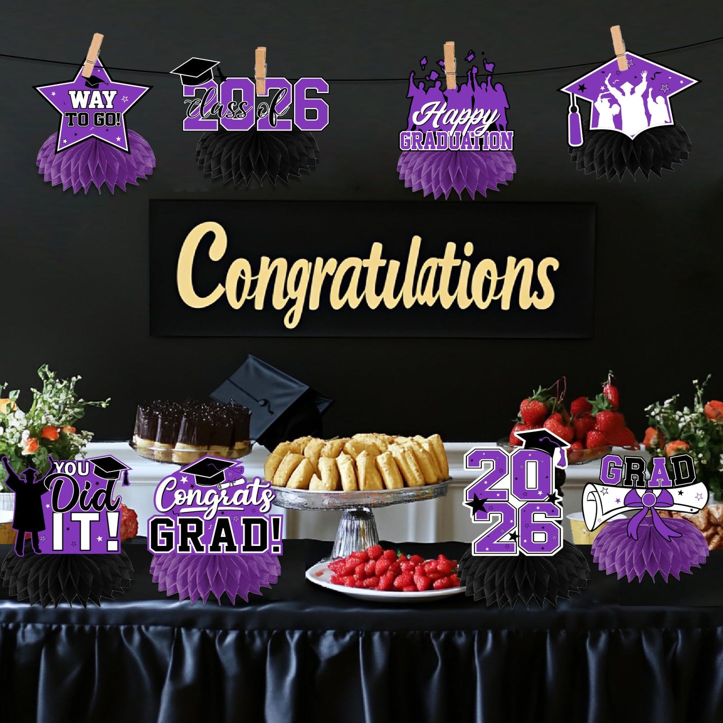 HAKOTI Purple Graduation Centerpieces 2026 – Class of 2026 Honeycomb Table Decor