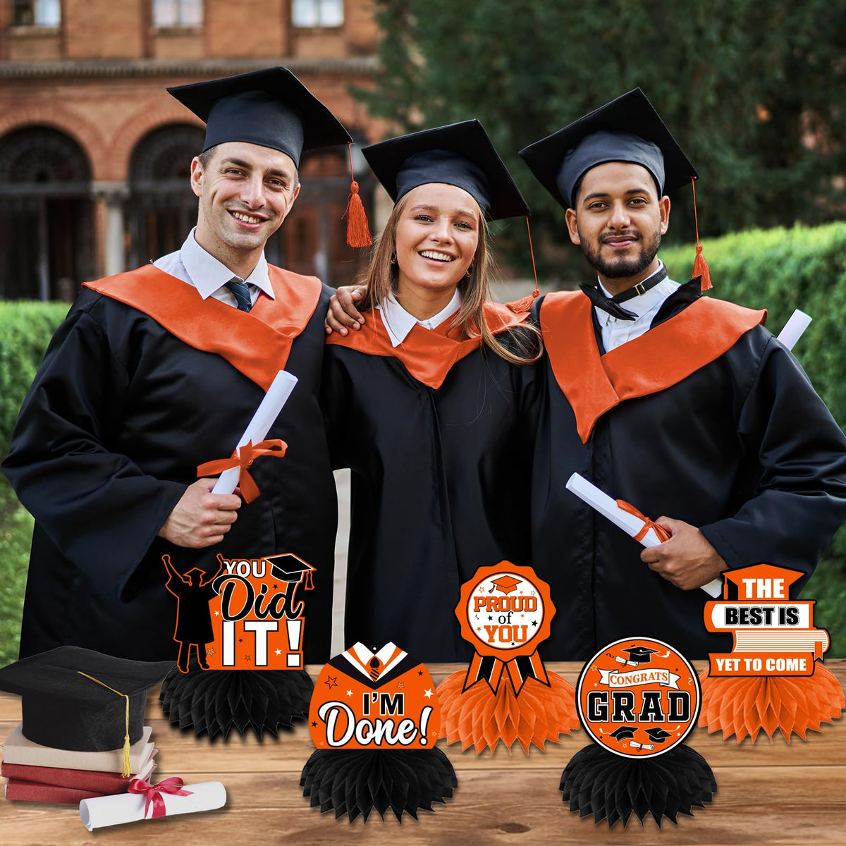 HAKOTI 12Pcs Orange & Black Graduation Centerpieces — Class of 2026 Decor