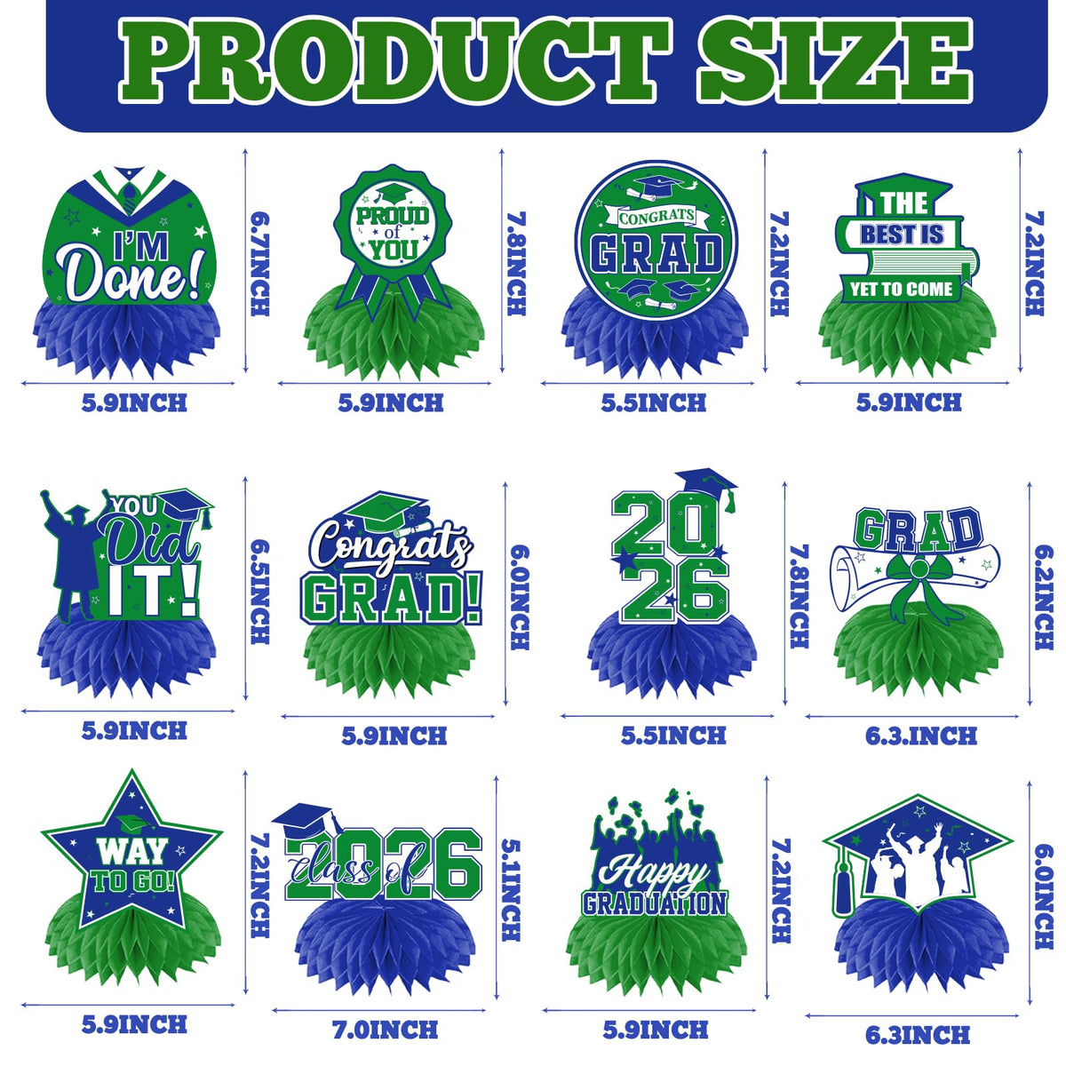 HAKOTI 12Pcs Green & Blue Graduation Centerpieces – Class of 2026 Table Decor