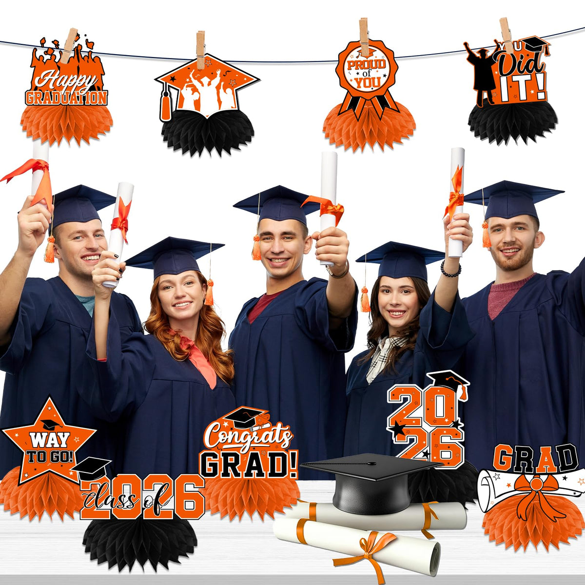 HAKOTI 12Pcs Orange & Black Graduation Centerpieces — Class of 2026 Decor