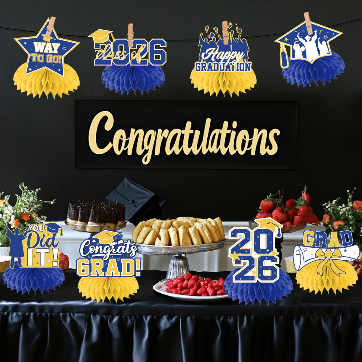 HAKOTI 12Pcs Yellow & Blue Graduation Centerpieces – Class of 2026 | Congrats Grad Table Decor