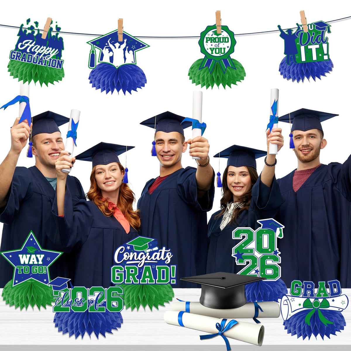 HAKOTI 12Pcs Green & Blue Graduation Centerpieces – Class of 2026 Table Decor