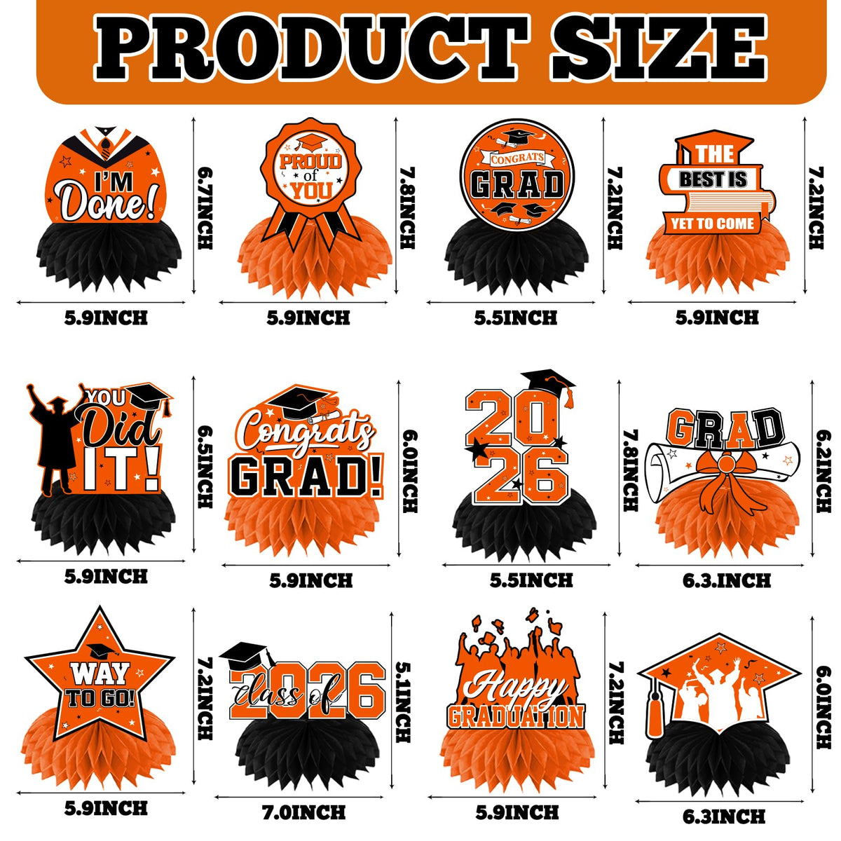HAKOTI 12Pcs Orange & Black Graduation Centerpieces — Class of 2026 Decor