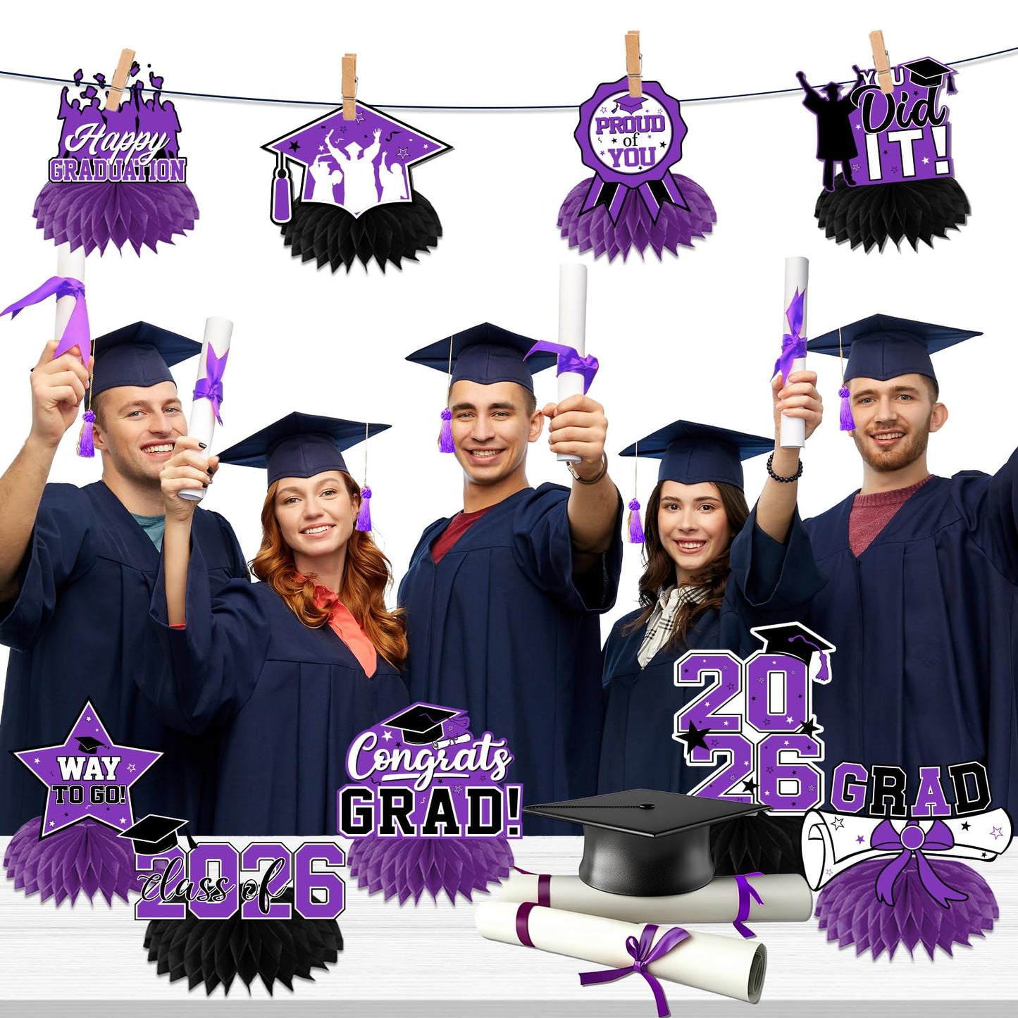 HAKOTI Purple Graduation Centerpieces 2026 – Class of 2026 Honeycomb Table Decor