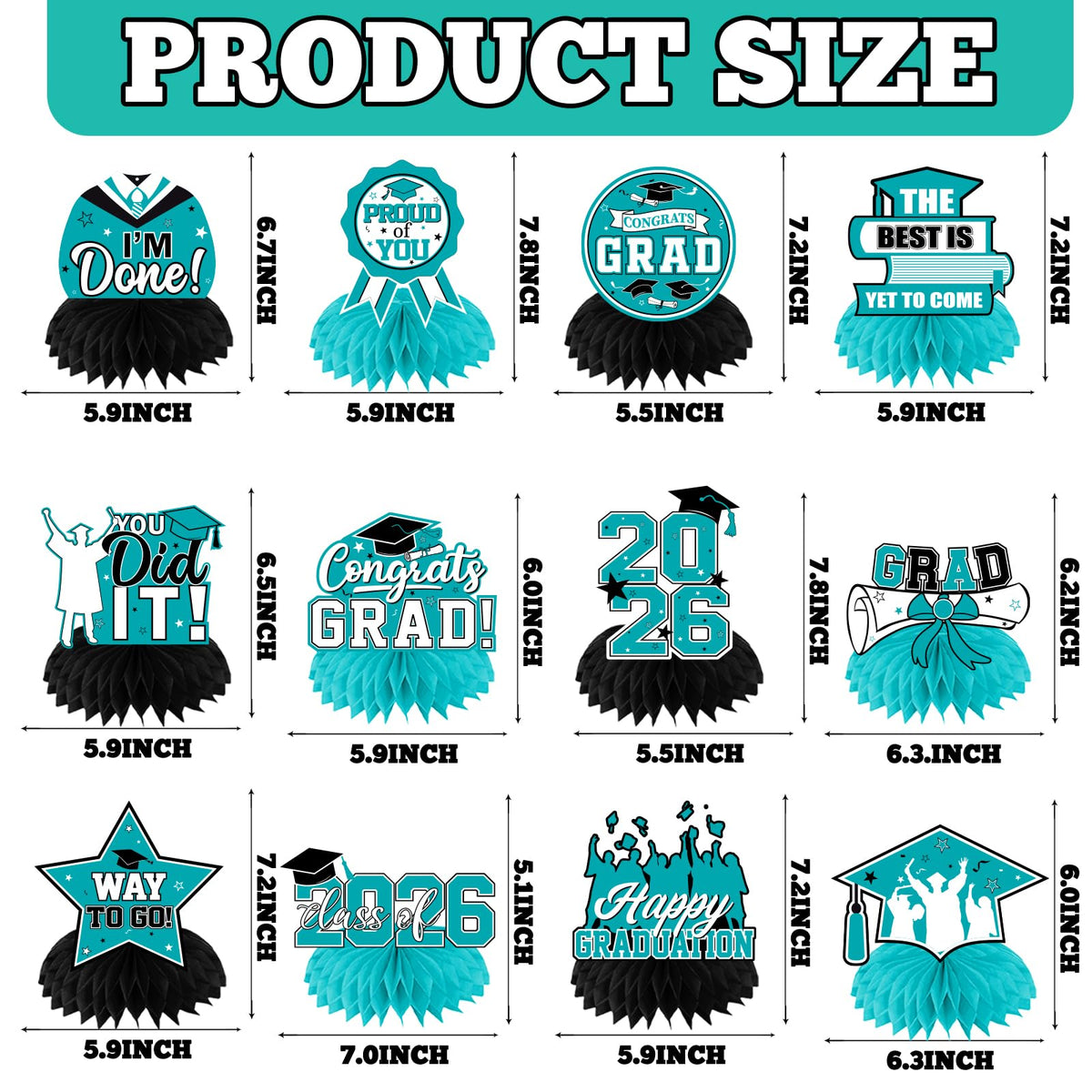 HAKOTI Teal Graduation Decorations – Class of 2026 Honeycomb Centerpieces (12 Pack) for Graduation Tables