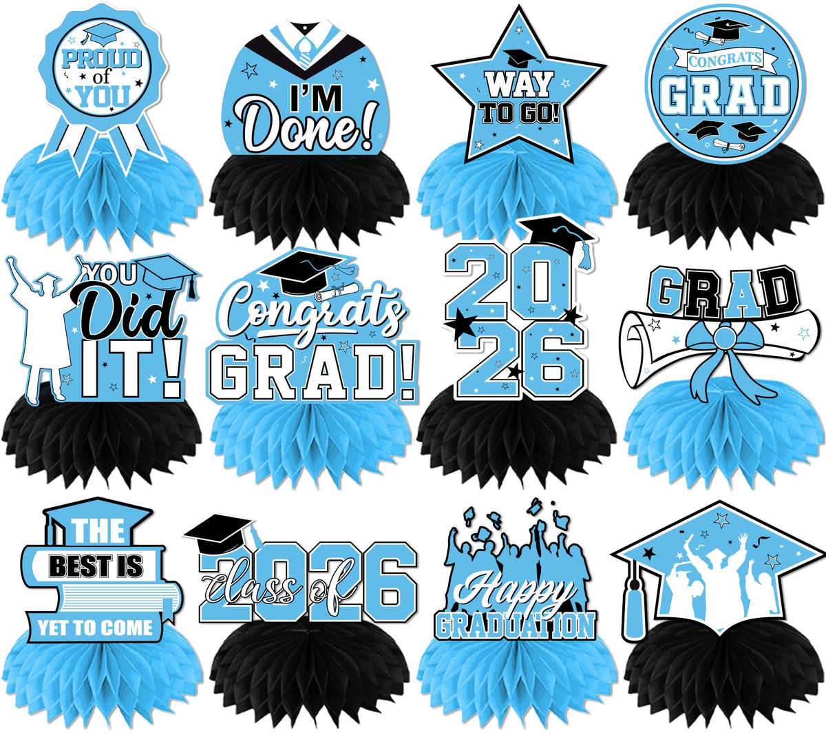 HAKOTI Sky Blue Graduation Honeycomb Centerpieces - 12Pcs Class of 2026 Table Decor