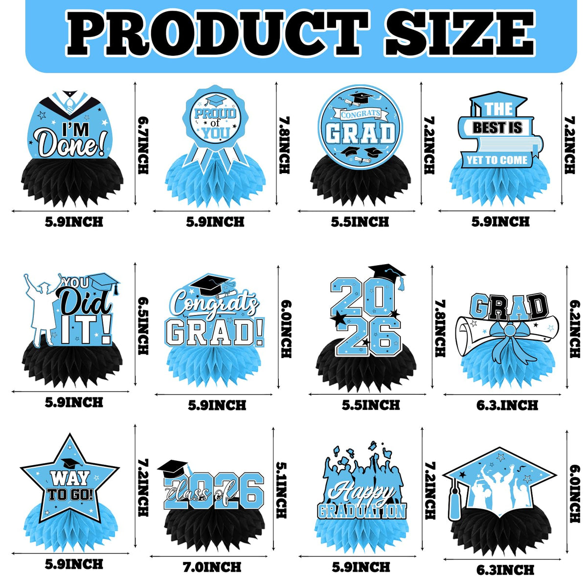 HAKOTI Sky Blue Graduation Honeycomb Centerpieces - 12Pcs Class of 2026 Table Decor