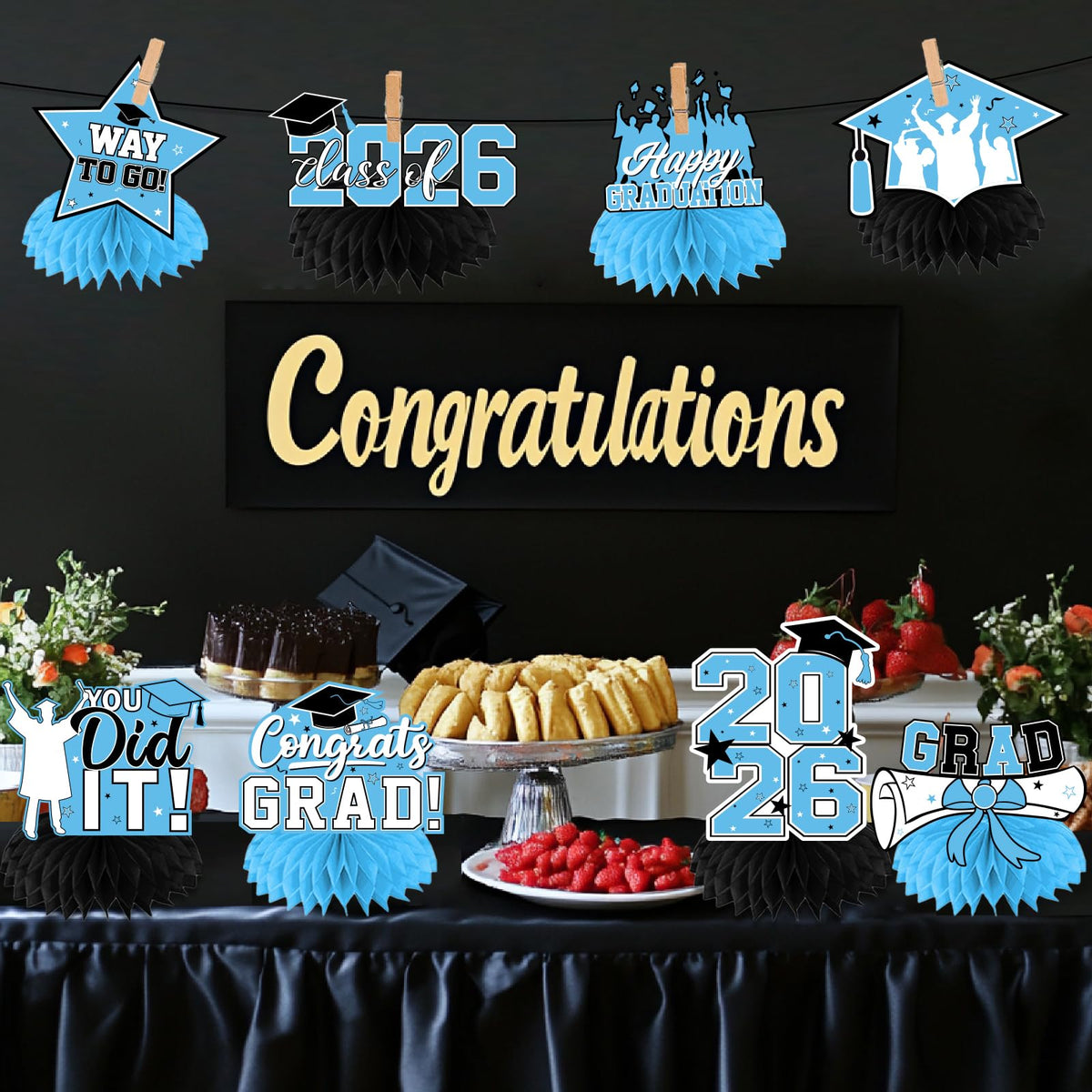 HAKOTI Sky Blue Graduation Honeycomb Centerpieces - 12Pcs Class of 2026 Table Decor