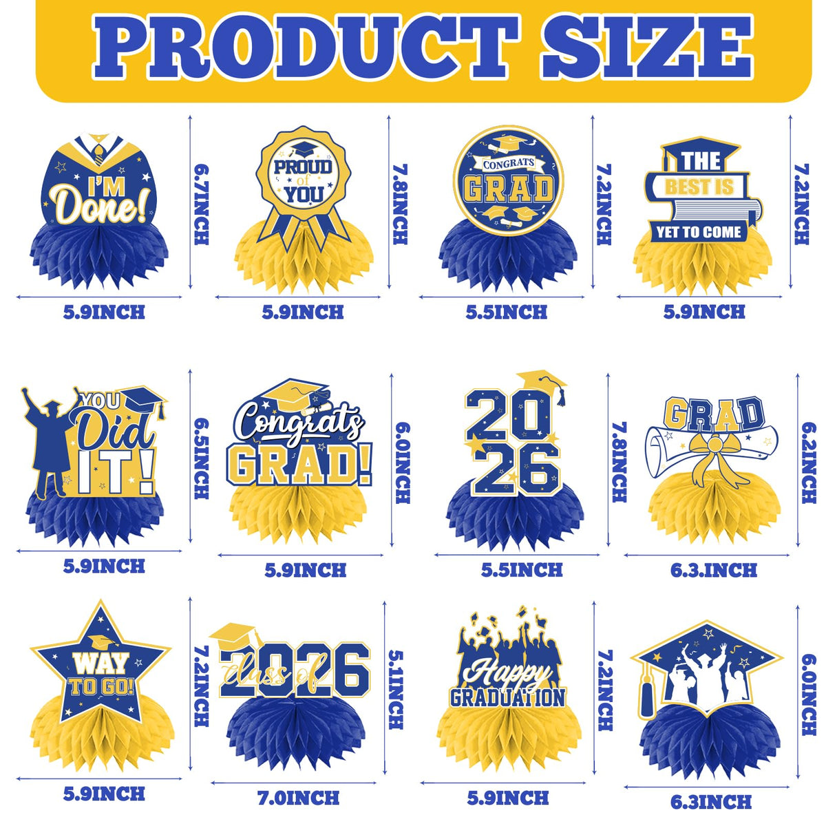 HAKOTI 12Pcs Yellow & Blue Graduation Centerpieces – Class of 2026 | Congrats Grad Table Decor
