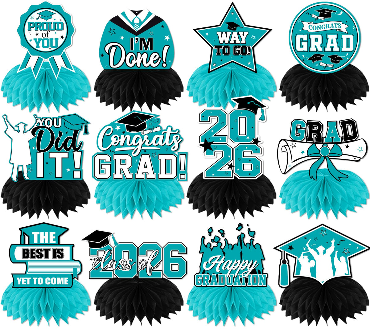 HAKOTI Teal Graduation Decorations – Class of 2026 Honeycomb Centerpieces (12 Pack) for Graduation Tables