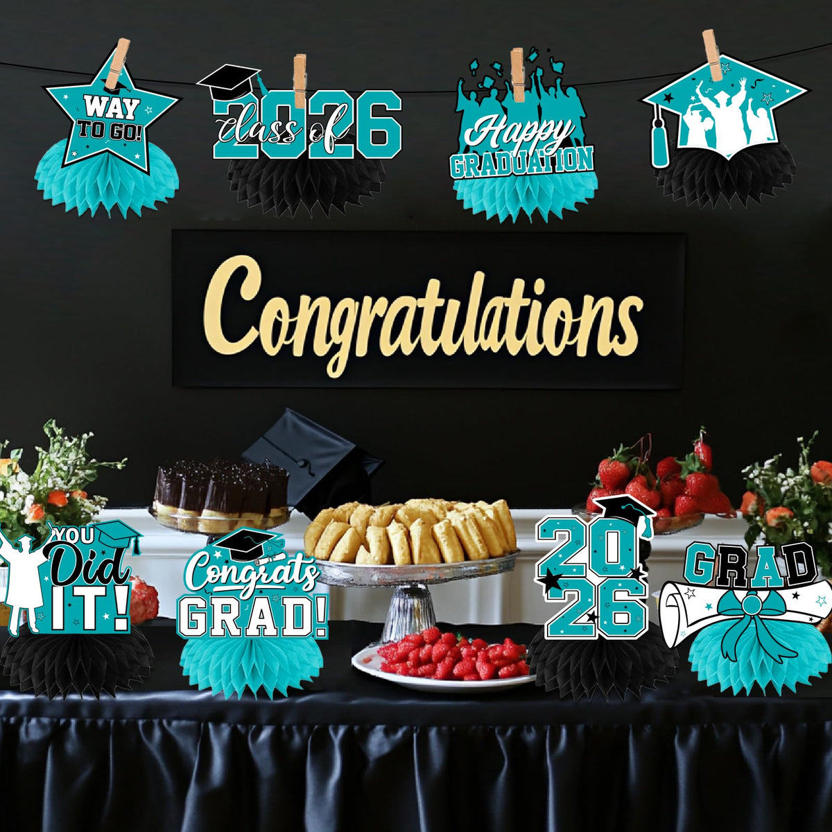 HAKOTI Teal Graduation Decorations – Class of 2026 Honeycomb Centerpieces (12 Pack) for Graduation Tables