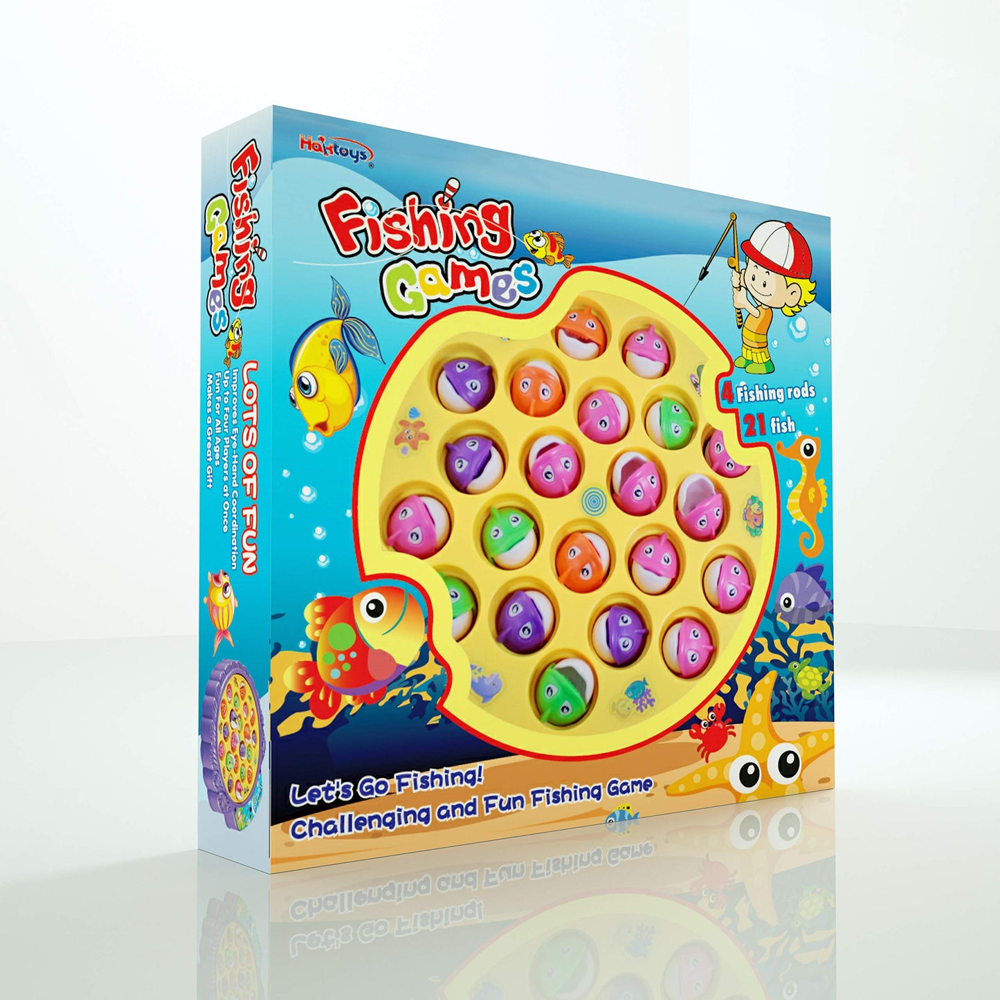 Haktoys Fishing Game Play Set – 21 Fish, 4 Poles on Rotating Board with Music | 1-4 Players