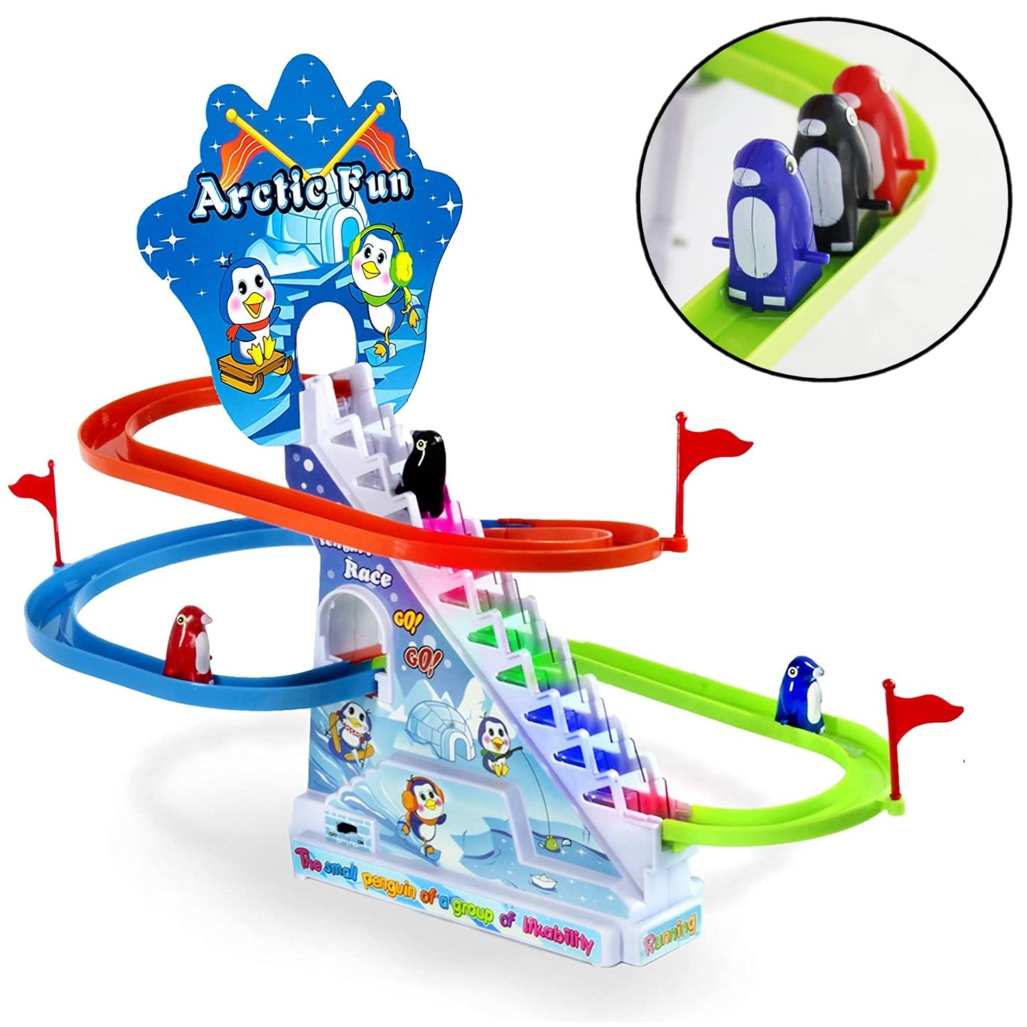 Haktoys Arctic Fun Penguin Slide Set – Interactive Stair-Climbing Penguins with Music On/Off Switch