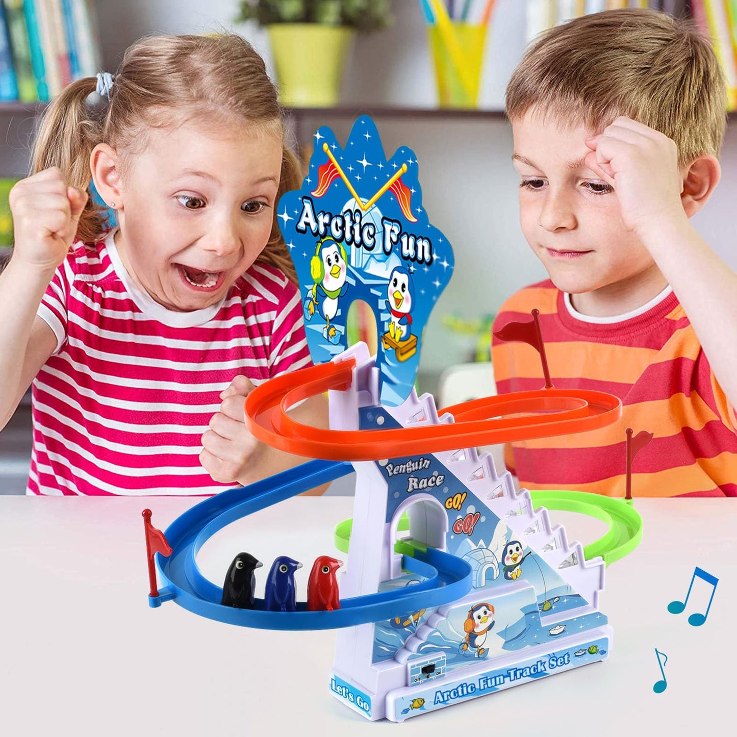 Haktoys Arctic Fun Penguin Slide Set – Interactive Stair-Climbing Penguins with Music On/Off Switch
