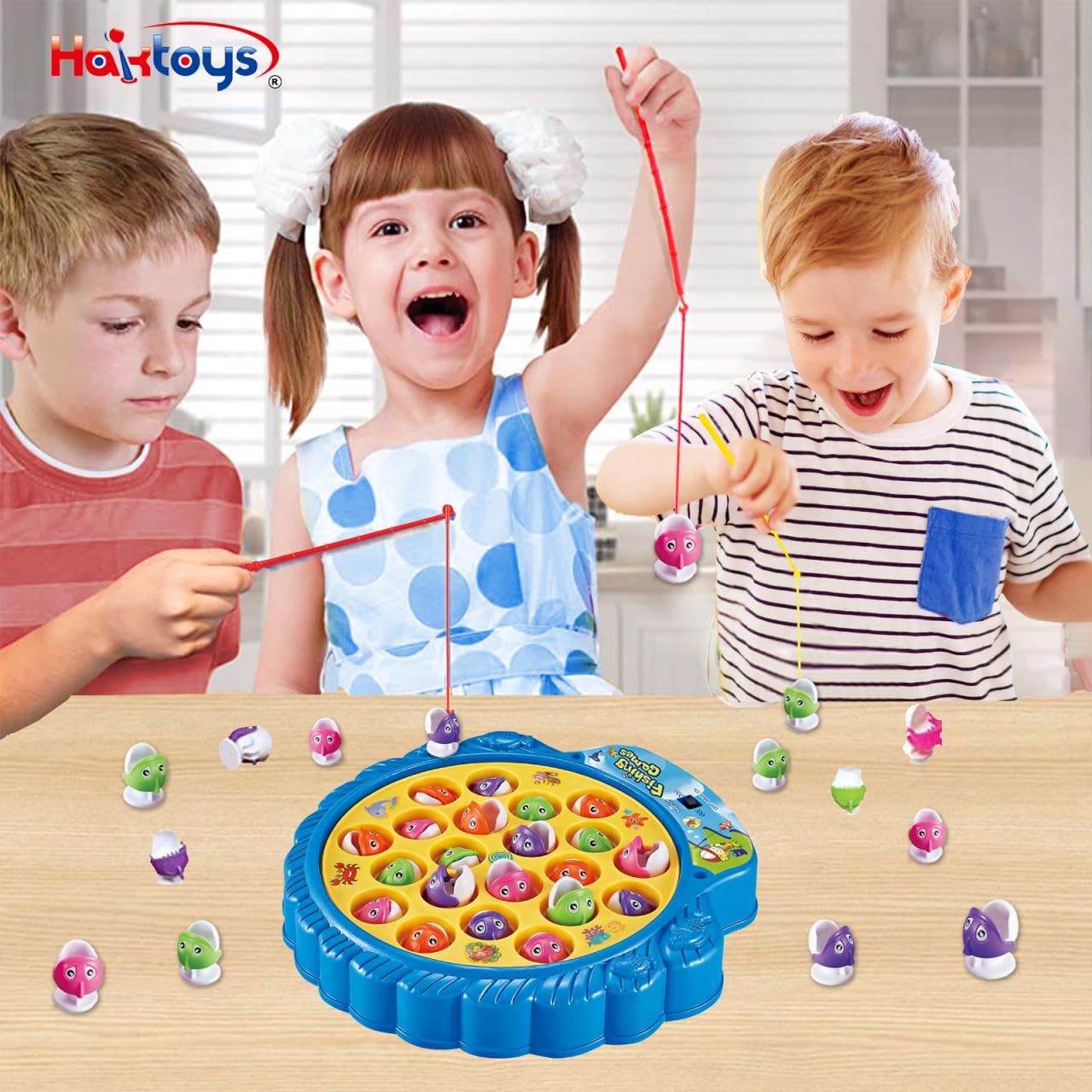 Haktoys Fishing Game Play Set – 21 Fish, 4 Poles on Rotating Board with Music | 1-4 Players
