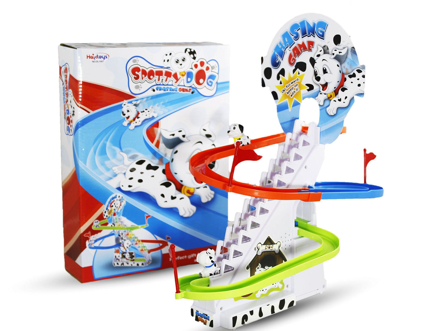 Haktoys Dalmatian Puppy Slide Toy Set – Stair-Climbing Puppies with Sliding Tracks & Music On/Off Switch