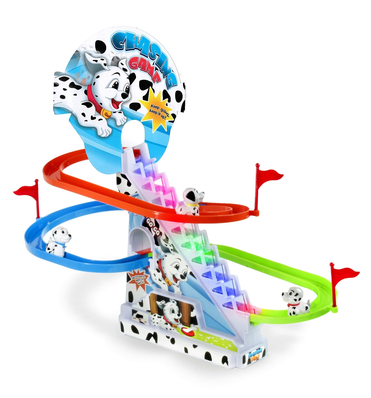 Haktoys Dalmatian Puppy Slide Toy Set – Stair-Climbing Puppies with Sliding Tracks & Music On/Off Switch