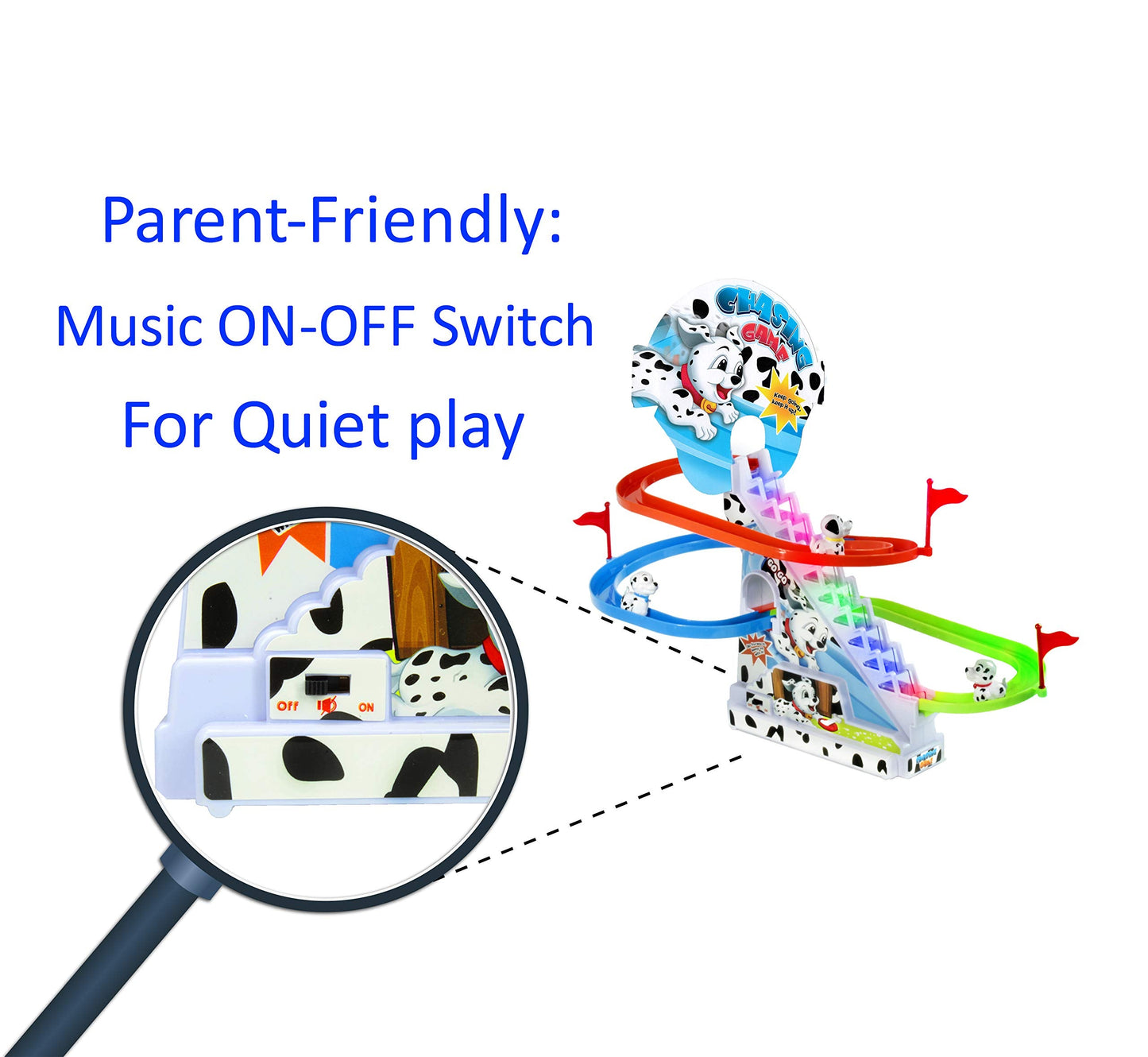 Haktoys Dalmatian Puppy Slide Toy Set – Stair-Climbing Puppies with Sliding Tracks & Music On/Off Switch