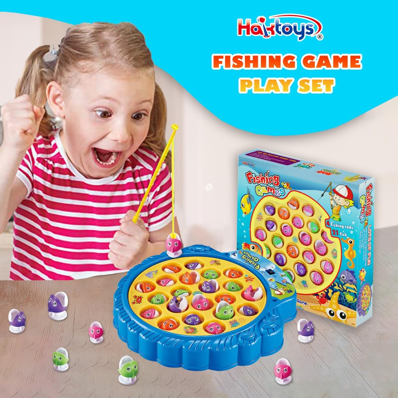 Haktoys Fishing Game Play Set – 21 Fish, 4 Poles on Rotating Board with Music | 1-4 Players