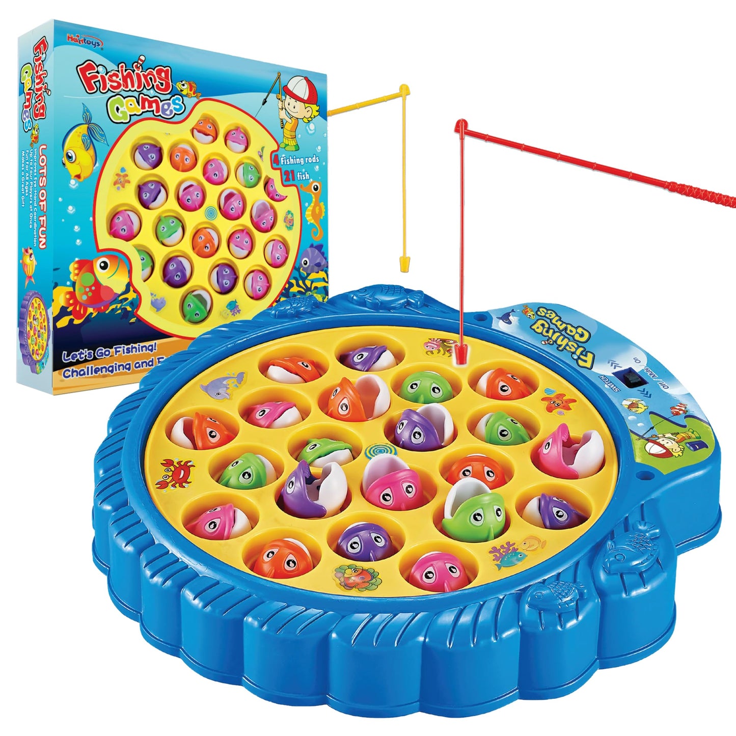 Haktoys Fishing Game Play Set – 21 Fish, 4 Poles on Rotating Board with Music | 1-4 Players