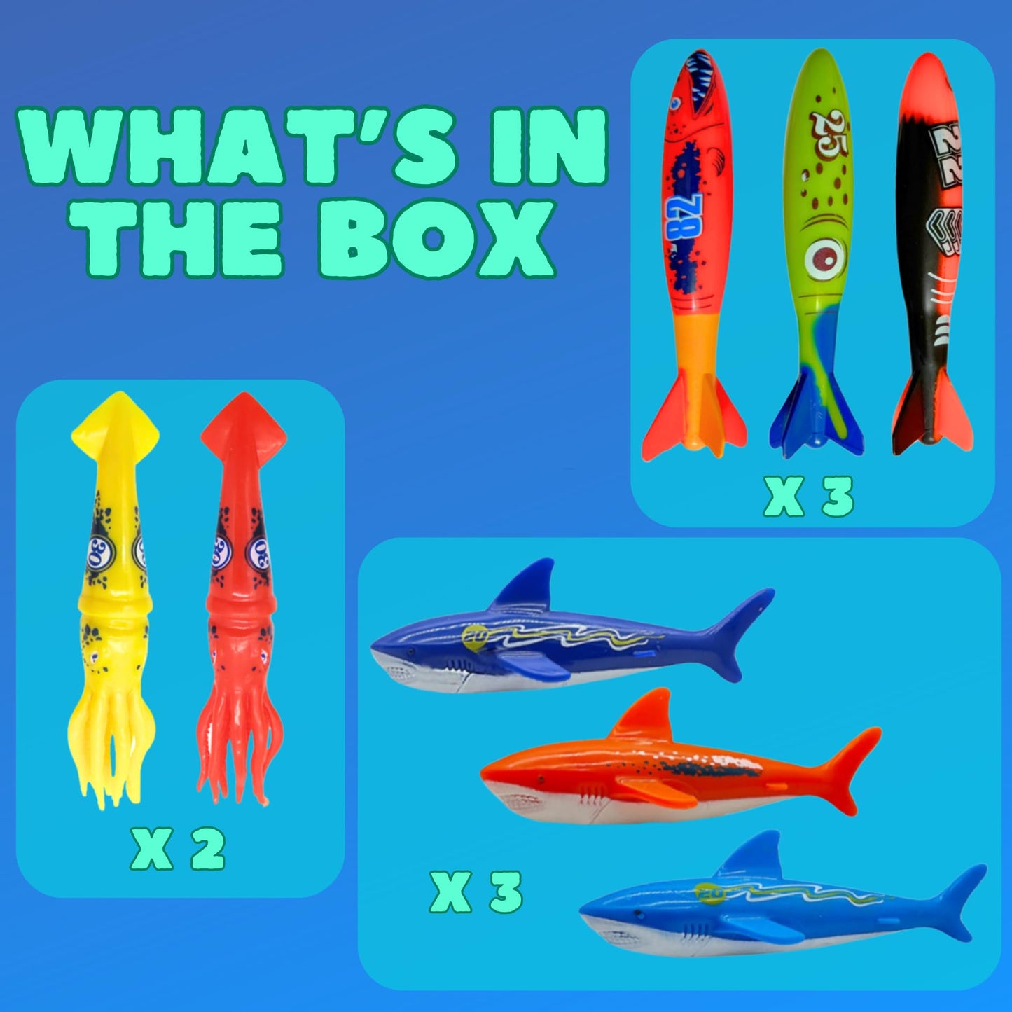 Haktoys Pool Diving Torpedo Toy Set – Shark & Squid Pool Toys for Kids