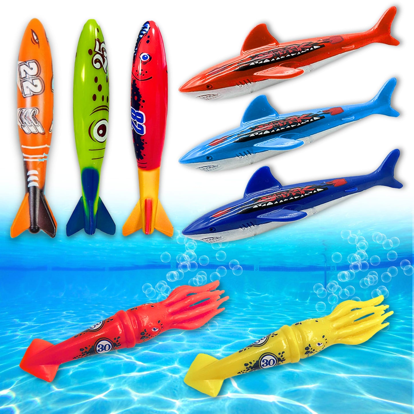 Haktoys Pool Diving Torpedo Toy Set – Shark & Squid Pool Toys for Kids