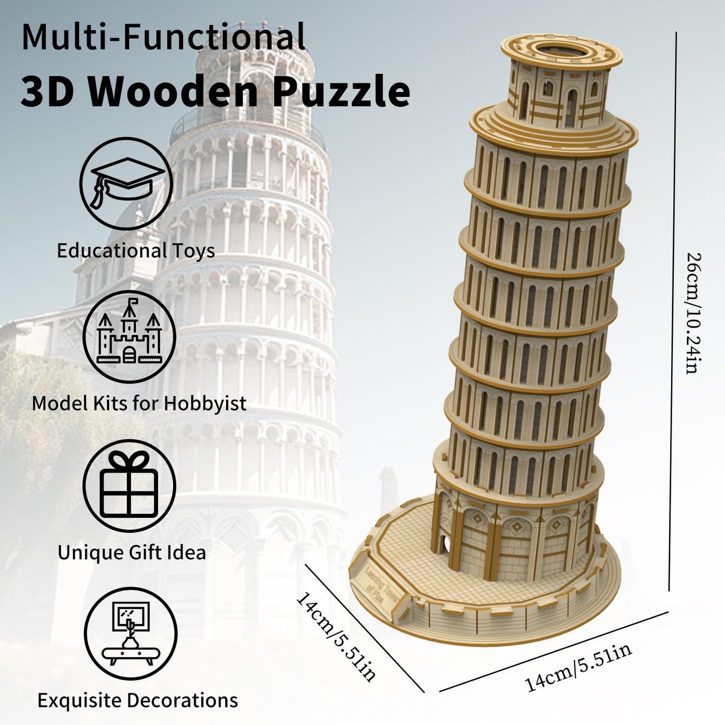 Hallisun 3D Wooden Puzzle – Leaning Tower of Pisa Model, 151-Piece DIY Mechanical Building Kit